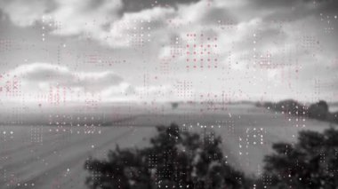Siyah beyaz kırsal ve bulutlu arka planda hareket eden nokta ağlarının animasyonu. küresel bağlantılar, veri işleme ve teknoloji konsepti dijital olarak oluşturulmuş video.