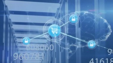 İnsan beyninin animasyonu, bilgisayar sunucuları üzerinden numaralarla bağlantı ağı. küresel ağlar, hesaplama ve veri işleme konsepti dijital olarak oluşturulmuş video.