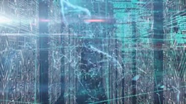 Bilgisayar sunucuları üzerinde DNA iplikçiklerinin dönmesi ve veri işleme animasyonu. küresel bilim, araştırma ve veri işleme kavramı dijital olarak oluşturulmuş video.