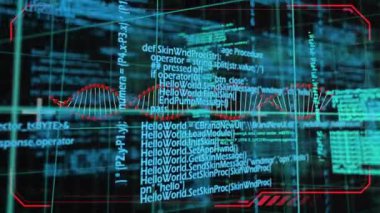 Şebeke üzerinde DNA iplikçiklerinin dönmesi ve veri işleme animasyonu. küresel bilim, araştırma ve veri işleme kavramı dijital olarak oluşturulmuş video.