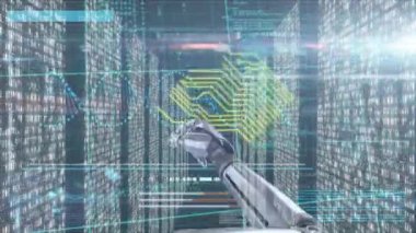 Bilgisayar sunucuları üzerinde robot kolu ile DNA iplikçiklerinin dönmesi ve veri işleme animasyonu. küresel bilim, araştırma ve veri işleme kavramı dijital olarak oluşturulmuş video.