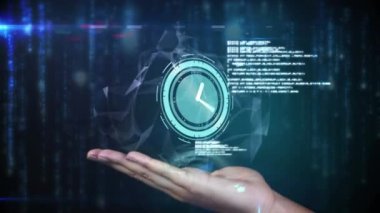 Saatin animasyonu ve el üstünde bağlantı ağı. küresel iş, bağlantılar ve veri işleme kavramı dijital olarak oluşturulmuş video.