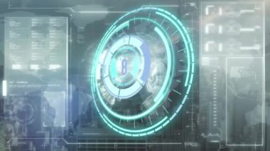 Şehrin her yerinde tarama ve veri işleme alanlarının animasyonu. küresel iş, bağlantılar ve veri işleme kavramı dijital olarak oluşturulmuş video.