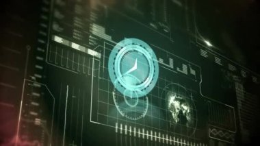 Saatin hareket halindeki animasyonu ve ekranda işlenen veri. küresel iş, bağlantılar ve veri işleme kavramı dijital olarak oluşturulmuş video.