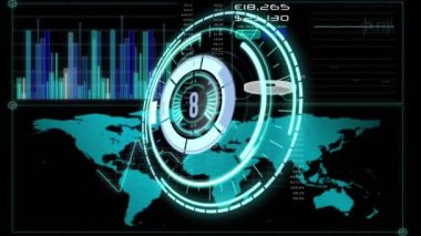 Veri işleme ve dünya haritası için geri sayım ile birlikte tarama alanının animasyonu. küresel iş, bağlantılar ve veri işleme kavramı dijital olarak oluşturulmuş video.