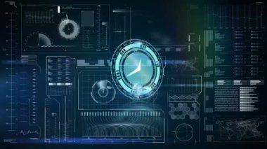 Saatin hareket halindeki animasyonu ve ekranda işlenen veri. küresel iş, bağlantılar ve veri işleme kavramı dijital olarak oluşturulmuş video.