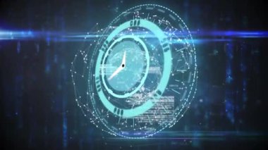 Saatin animasyonu hızlı hareket ediyor ve dünya çapında bağlantılar işliyor. küresel iş, bağlantılar ve veri işleme kavramı dijital olarak oluşturulmuş video.