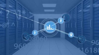 Bilgisayar sunucuları üzerinden dijital simgelerle ve sayılarla bağlantı ağının animasyonu. küresel bağlantılar, ağlar ve veri işleme konsepti dijital olarak oluşturulmuş video.