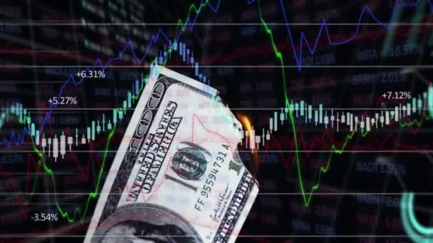 Animace Hořící Americké Dolarové Bankovky Zpracování Finančních Dat Statistikou Síti — Stock video