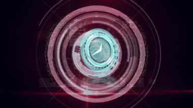 Koyu arkaplan üzerinde saat ve veri işleme animasyonu. küresel bilim, veri işleme ve dijital arayüz kavramı dijital olarak oluşturulmuş video.