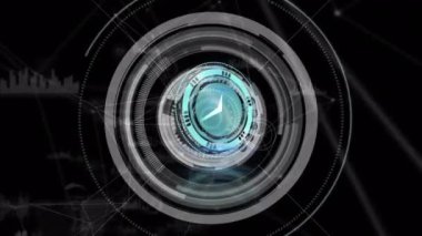 Koyu arkaplan üzerinde saat ve veri işleme animasyonu. küresel bilim, veri işleme ve dijital arayüz kavramı dijital olarak oluşturulmuş video.