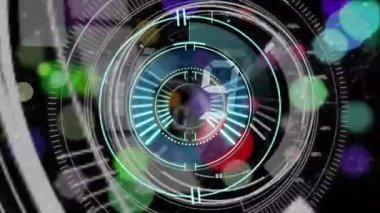 Koyu arkaplan üzerinde saat ve veri işleme animasyonu. küresel bilim, veri işleme ve dijital arayüz kavramı dijital olarak oluşturulmuş video.
