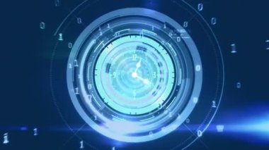 Koyu arkaplan üzerinde saat ve veri işleme animasyonu. küresel bilim, veri işleme ve dijital arayüz kavramı dijital olarak oluşturulmuş video.