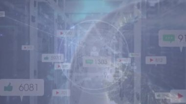 Sunucu odasındaki simgelerle bağlantı ağının animasyonu. küresel bağlantılar, veri işleme ve teknoloji konsepti dijital olarak oluşturulmuş video.