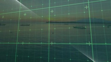 Deniz manzarası üzerinde veri işleme animasyonu. küresel veri işleme ve bağlantılar konsepti dijital olarak oluşturulmuş video.