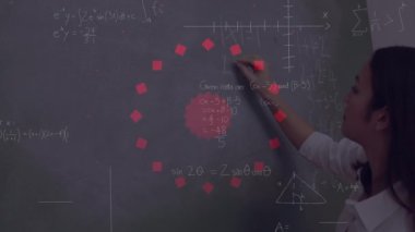 Tahtaya yazı yazan beyaz kadınların matematiksel formüllerinin animasyonu. öğrenme ve matematik eğitim kavramı dijital olarak oluşturulmuş video.