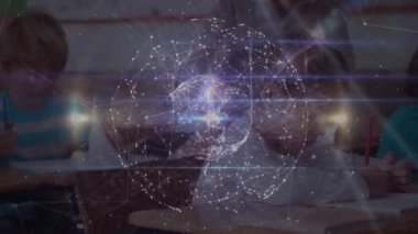 Sınıftaki çeşitli öğrenciler üzerinde veri işleme ağı ile bağlantının animasyonu. eğitim ve öğrenme kavramı dijital olarak oluşturulmuş video.