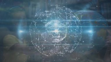 Sınıftaki çeşitli öğrenciler üzerinde veri işleme ağı ile bağlantının animasyonu. eğitim ve öğrenme kavramı dijital olarak oluşturulmuş video.