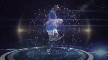 Bağlantıların animasyonu ve beyaz erkek rugby oyuncusu üzerinde dünya. veri işleme, bağlantılar, spor ve teknoloji konsepti dijital olarak oluşturulmuş video.