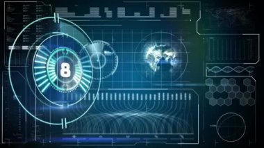 Ekrandaki veri işleme geri sayımı ile birlikte tarama alanının animasyonu. küresel hesaplama, dijital arayüz ve dijital olarak oluşturulmuş video işleme kavramı.