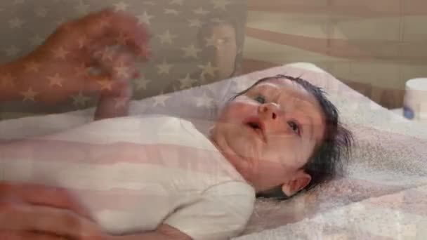 Animation Flag Usa Waving Hands Biracial Mother Playing Baby Family — Video