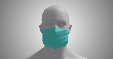 Beyaz arka planda yüz maskesi takan üç boyutlu bir insan vücudu modeli. İlaç halk sağlığı salgını Coronavirus Covid 19 salgın kavramı dijital olarak üretilen görüntü.