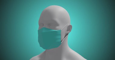 Mavi arka planda yüz maskesi takan üç boyutlu bir insan vücudu modeli. İlaç halk sağlığı salgını Coronavirus Covid 19 salgın kavramı dijital olarak üretilen görüntü.