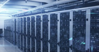 Bilgi işleme ve dijital bilginin görüntüsü, bir sunucu odasındaki bilgisayar sunucu ağında, yüzeyde parlayan beyaz ışık izleriyle birlikte akıyor. İnternet hizmet sağlayıcısı veya veri işleme merkezi genel ağı.