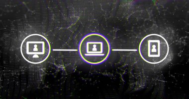 Siyah arkaplanda bağlantıları olan simgelerin resmi. ağ, bağlantılar ve teknoloji konsepti dijital olarak oluşturulmuş görüntü.