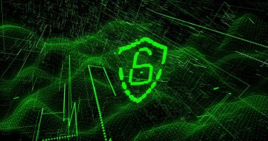 Siyah zemin üzerinde yeşil çizgiler olan asma kilitli dijital kalkan görüntüsü. küresel ağ, İnternet güvenliği ve veri güvenliği konsepti dijital olarak oluşturulmuş görüntü.