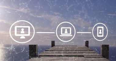 Köprü üzerinde bağlantı ağı ve simge resmi. global business, finans, data işleme ve dijital arayüz kavramı dijital olarak oluşturuldu.