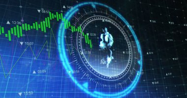 Finansal veri işleme üzerinde dönen güvenli kilit üzerindeki bitcoin sembolü. küresel finans, kripto para birimi ve iş güvenliği konsepti dijital olarak oluşturulmuş görüntü.