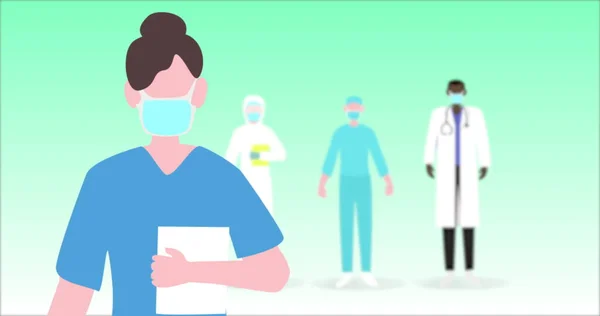 緑色の背景に医療関係者が立っている顔のマスクをした看護師のイメージ 医学公衆衛生パンデミックコロナウイルスCovid 19感染症の概念デジタル生成された画像 — ストック写真