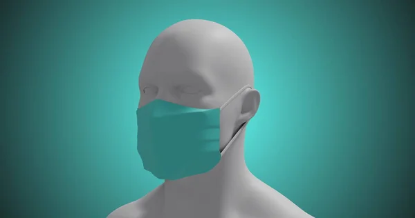 青い背景にフェイスマスクを着用した3D人体モデルの画像 医学公衆衛生パンデミックコロナウイルスCovid 19感染症の概念デジタル生成された画像 — ストック写真