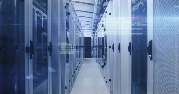 Image of data processing and digital information flowing through network of computer servers in a server room with glowing lights. Global network of internet service provider or data processing centre concept.