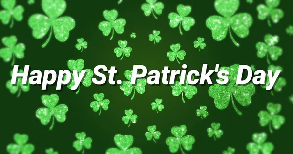 言葉のイメージハッピーセント パトリックの日は白い文字で書かれ 複数の緑のシャムロックのクローバーが緑の背景に移動しています アイルランド文化の概念のお祝いデジタル生成画像 — ストック写真
