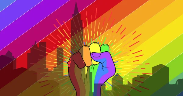 城市景观和彩虹之上的拳头图像 Lgbtq自豪与平等庆祝概念数字生成的图像 — 图库照片