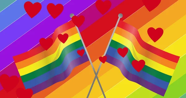 虹と旗の上に落ちる心のイメージ Lgbtq誇りと平等のお祝いの概念デジタル生成された画像 — ストック写真