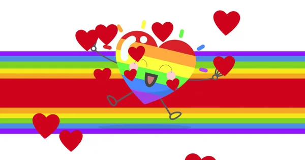 虹の上に落ちる心のイメージ Lgbtq誇りと平等のお祝いの概念デジタル生成された画像 — ストック写真