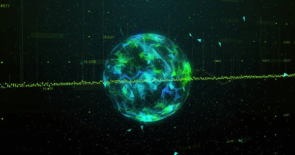 黒い背景で回転する緑のグラフと地球の画像 世界的なネットワーク データ処理 テクノロジーの概念デジタルで生成された画像 — ストック写真
