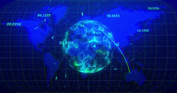 世界地図で青の背景に数字と地球のイメージ 世界的なネットワーク データ処理 テクノロジーの概念デジタルで生成された画像 — ストック写真