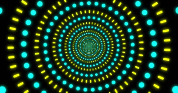 Image of blue and yellow circles neon pattern moving in hypnotic motion on seamless loop. light, pattern and movement concept digitally generated image.