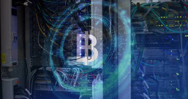 Image of bitcoin symbol on rotating safe lock over data processing and computer server. global finance, cryptocurrency and business security concept digitally generated image.