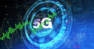 Güvenli kilit ve veri işleme üzerindeki grafikler üzerindeki 5G sembolünün resmi. küresel iş iletişimi ve veri güvenliği kavramı dijital olarak oluşturulmuş görüntü.
