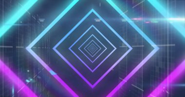 Veri işleme üzerinde neon geometrik şekillerin resmi. soyut, ışık, desen ve hareket konsepti dijital olarak oluşturuldu.