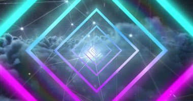 Bulutlu gökyüzünde mavi ve pembe neon geometrik şekiller. soyut, ışık, desen ve hareket konsepti dijital olarak oluşturuldu.