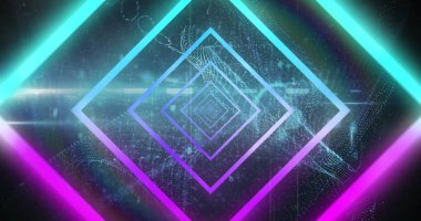 Güvenlik kilidi üzerinde mavi ve pembe neon geometrik şekiller. soyut, ışık, desen ve hareket konsepti dijital olarak oluşturuldu.