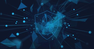 Donanma arka planında şekilli asma kilit olan dijital kalkan görüntüsü. İnternet güvenliği, teknoloji ve dijital arayüz kavramı dijital olarak oluşturulmuş görüntü.