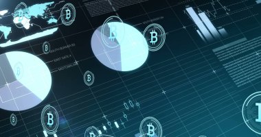 Bitcoin sembolleri üzerinde veri işleme resmi. Ukrayna krizi ve uluslararası politika kavramı dijital olarak oluşturuldu.
