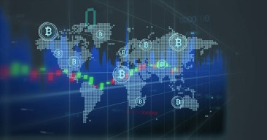 Dünya haritası üzerinde veri işleme ve bitcoin sembolü resmi. Ukrayna krizi ve uluslararası politika kavramı dijital olarak oluşturuldu.